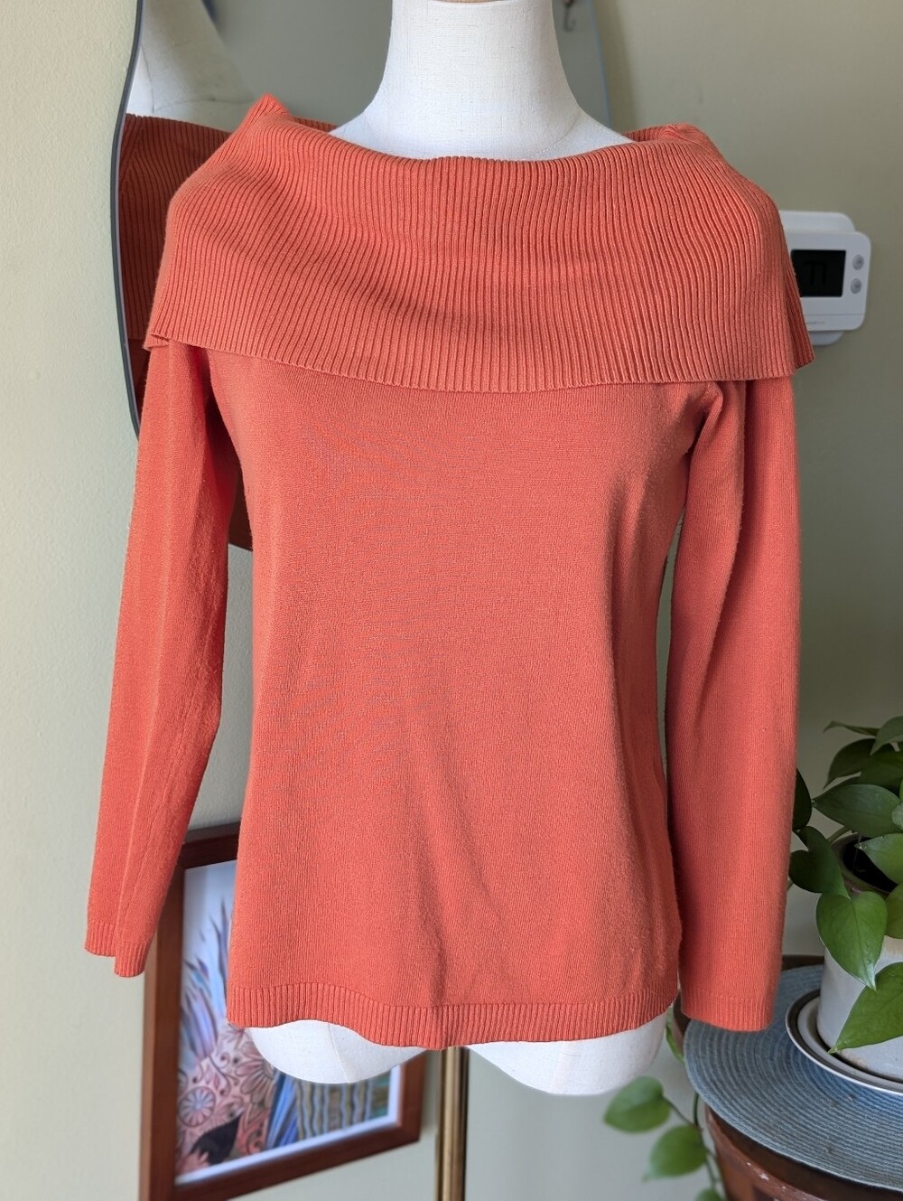 Chico's Women's Size Small Orange Off-Shoulder Fold Over Long Sleeve Sweater